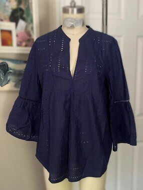 IZOD Navy Cotton Eyelet Lace BOHEMIAN Nautical Lace Tunic shirt *SMALL* B79